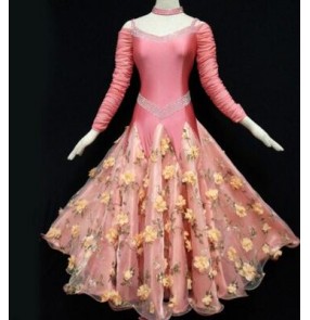 Custom size handmade Pink coral black floral patchwork long sleeves embroidery pattern women's ladies competition ballroom standard  tango dance dresses costumes 